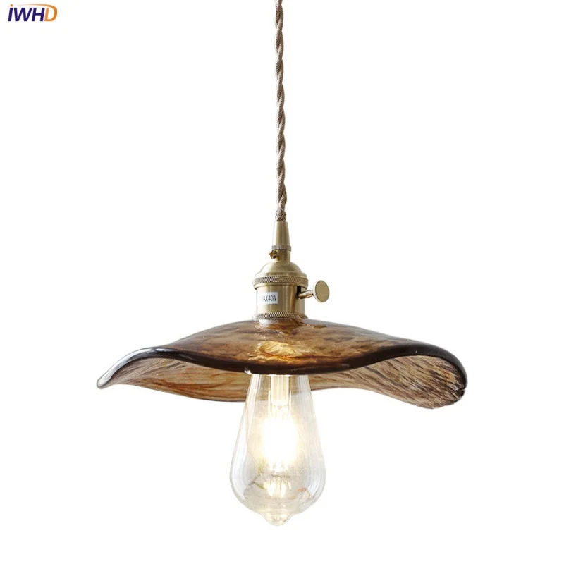 IWHD Brass Knob Switch LED Pendant Lights Coffee Restaurant Kitchen Light Nordic Modern Wire Adjustable Amber Glass Hanging Lamp