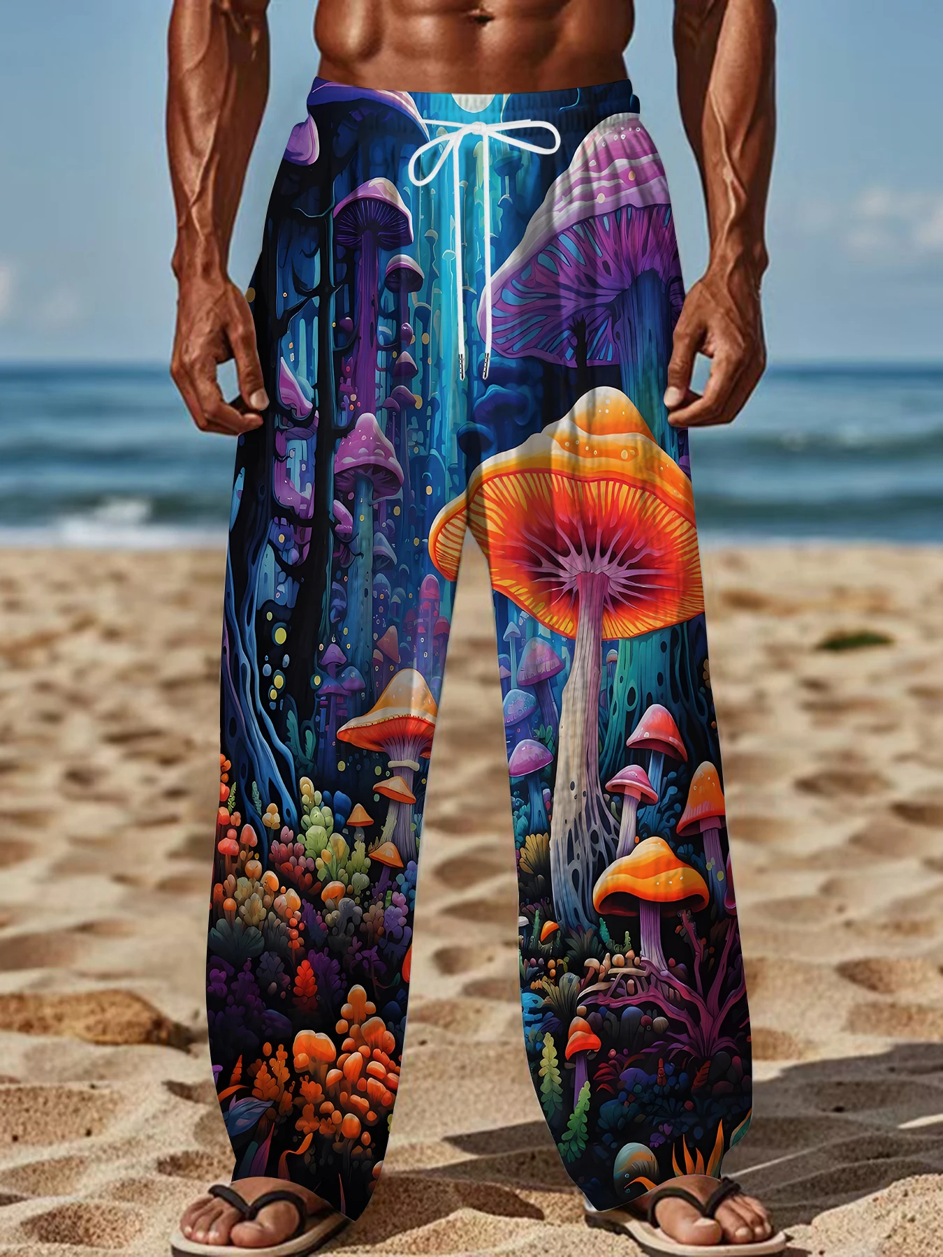 

2026 Men's Printed Straight Leg Pants Abstract Wave Pattern Drawstring Waist Loose Fit Summer Beach Casual Lightweight Pants