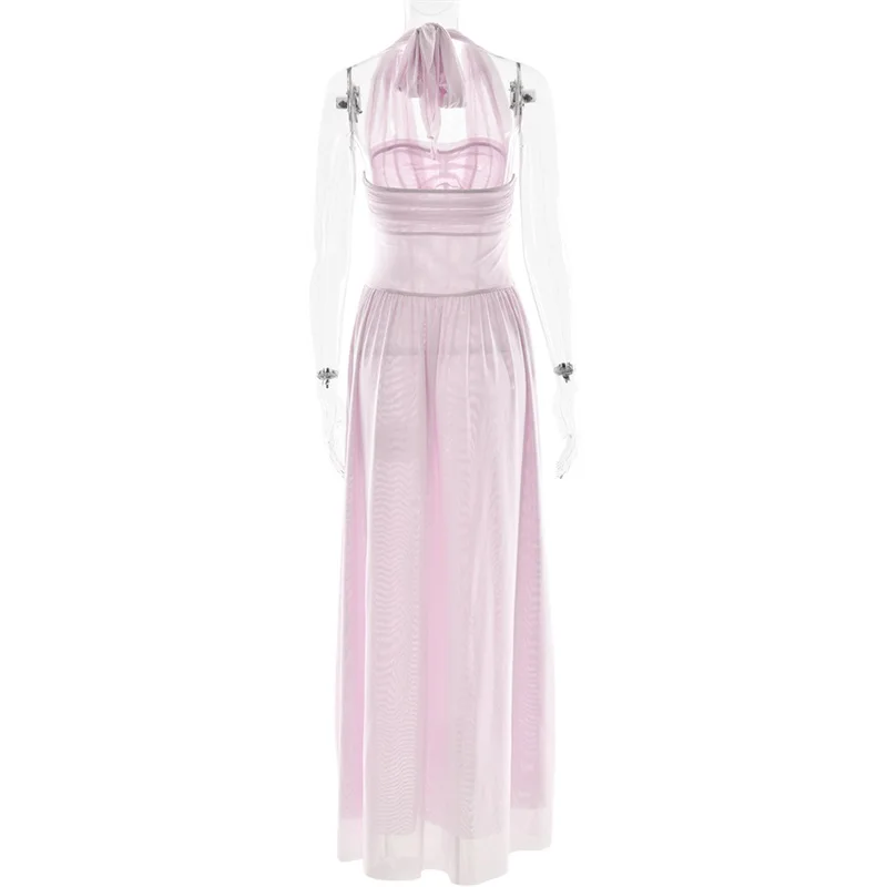 Vestido de noche plisado con cuello Halter para mujer, falda grande sin mangas con dobladillo, vestido ajustado rosa y blanco, falda de fiesta, novedad en oferta