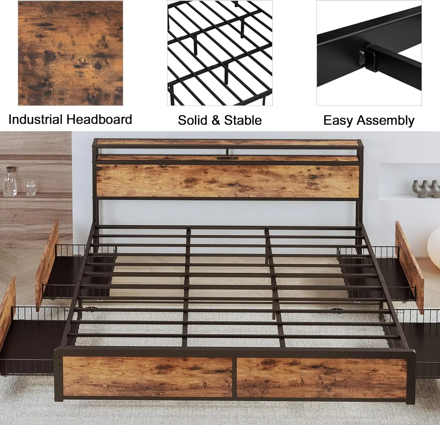 Likimio King Bed Frame Met Opberglade, 2-Tier Opslag Hoofdeinde Met Laadstation, Geen Boxspring Nodig, Gemakkelijk