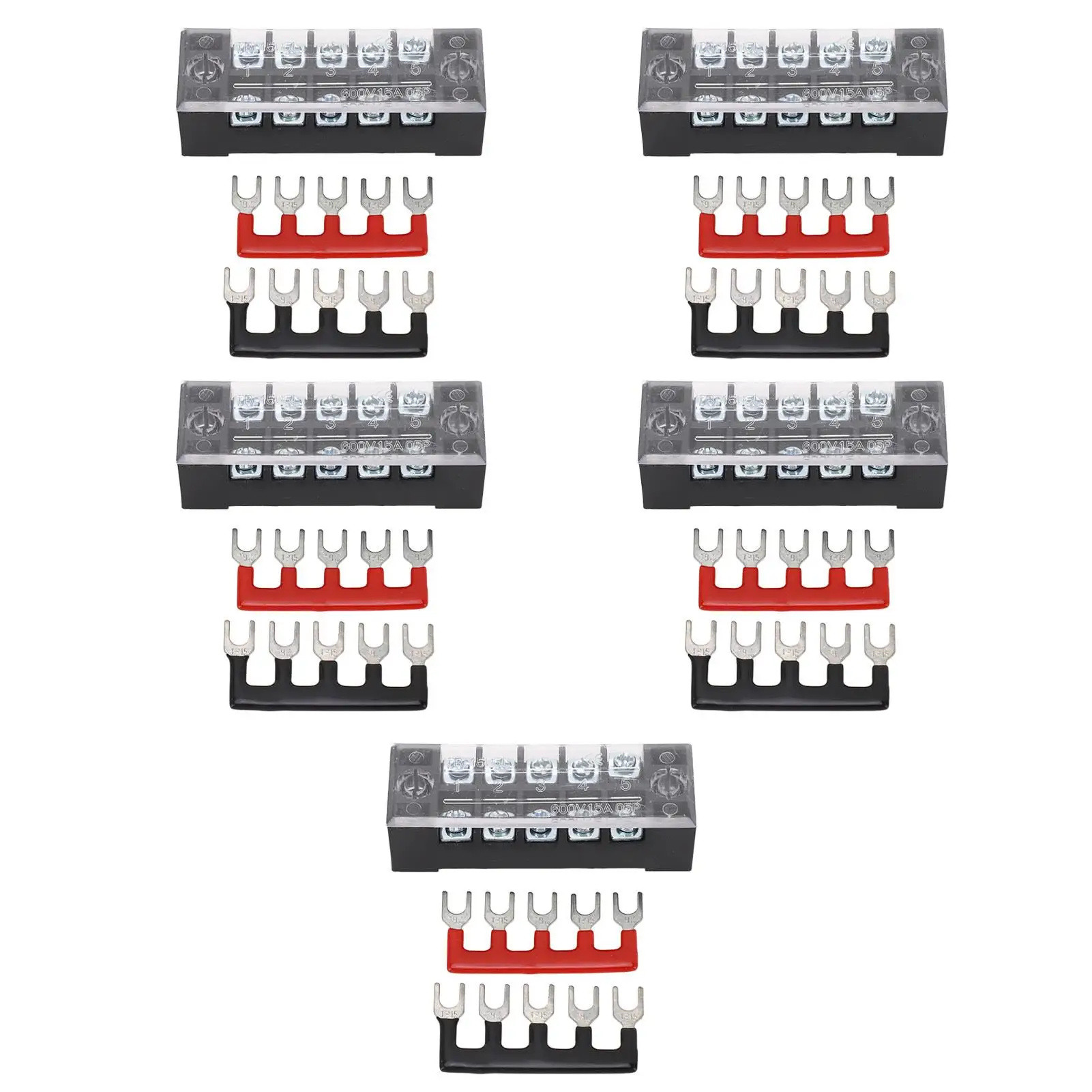 

5 Sets 600V Power Distribution Block - 15A Bus Bar Terminal with Cover, M3 5-Way Studs for car & Boat