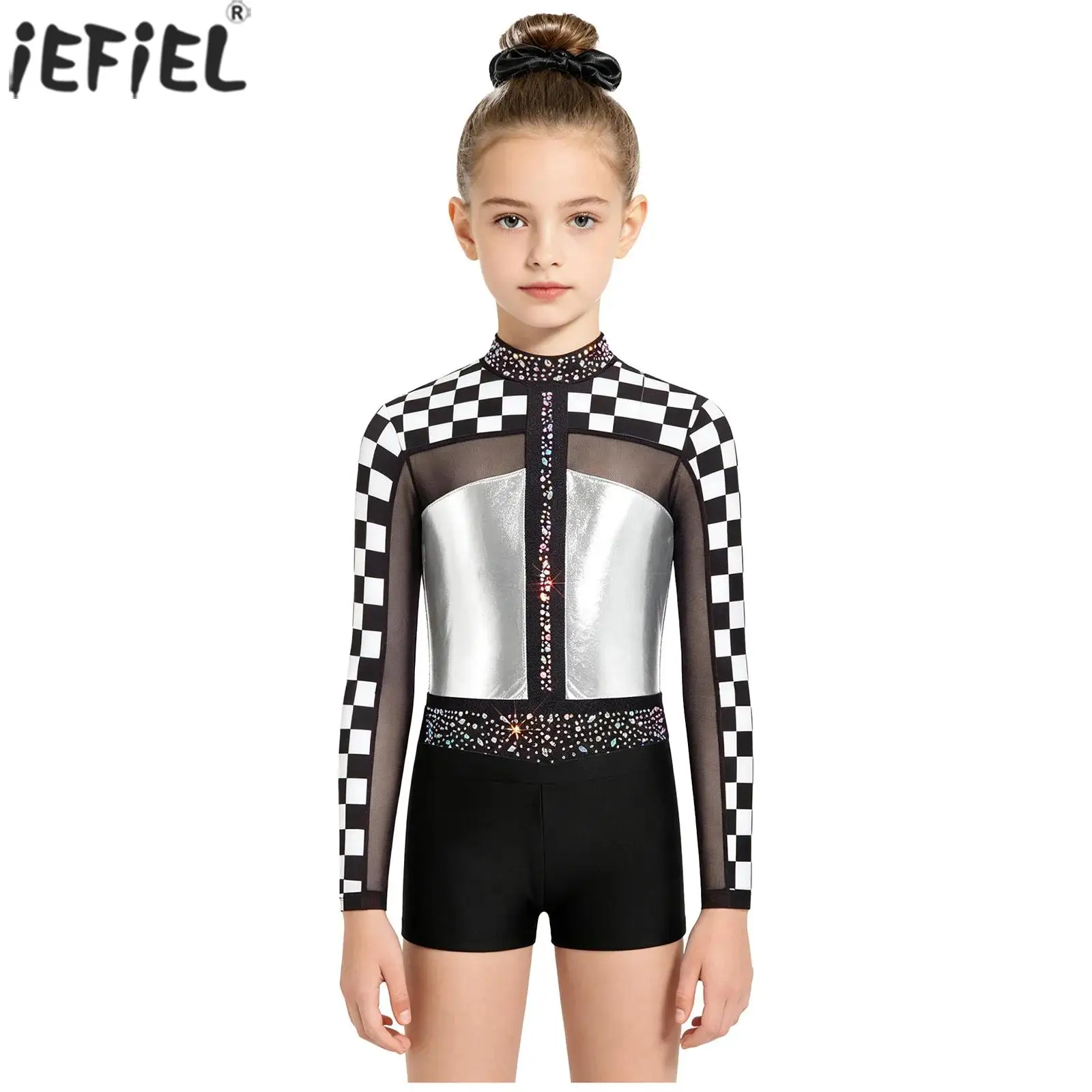 

Детский гимнастический купальник для девочек со стразами, с длинными рукавами, с принтом, с шортами, для балета, танцев, фигурного катания, акробатики