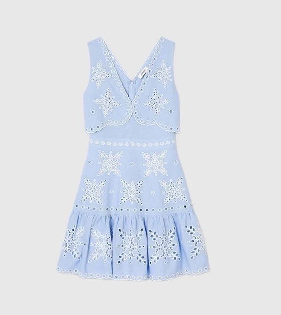 Sand* Women Mini Dres light blue embroidery Hollow-out V-Neck sleevelss Holiday Style