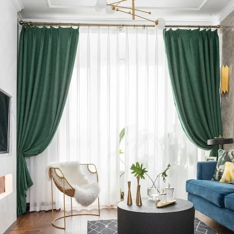 

New Modern Simple Dark Green Curtains For Living Room Bedroom Window Thickened Blackout Cloth Decor White Tulle Fabric Custom