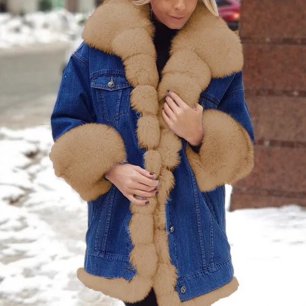 

Женская меховая интегрированная джинсовая куртка, свободная удобная универсальная длинная стильная куртка с длинными рукавами и плюшевыми теплыми трендовыми пальто 2026