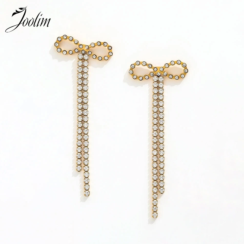 

Joolim Jewelry High Quality PVD Wholesale Sweety Fashion Butterfly Bow Zirconia Tassel Dangle Hoop Stainless Steel Earring