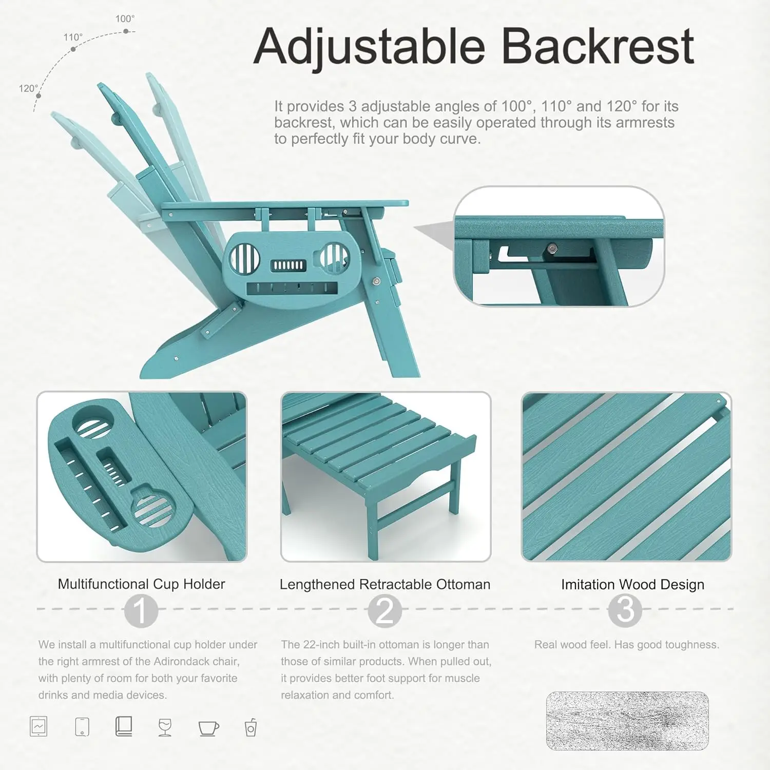 Adjustable Adirondack Chair with Retractable Ottoman Set of 2, HDPE Folding Adirondack Chair with Cup Holder, All Weather Fire