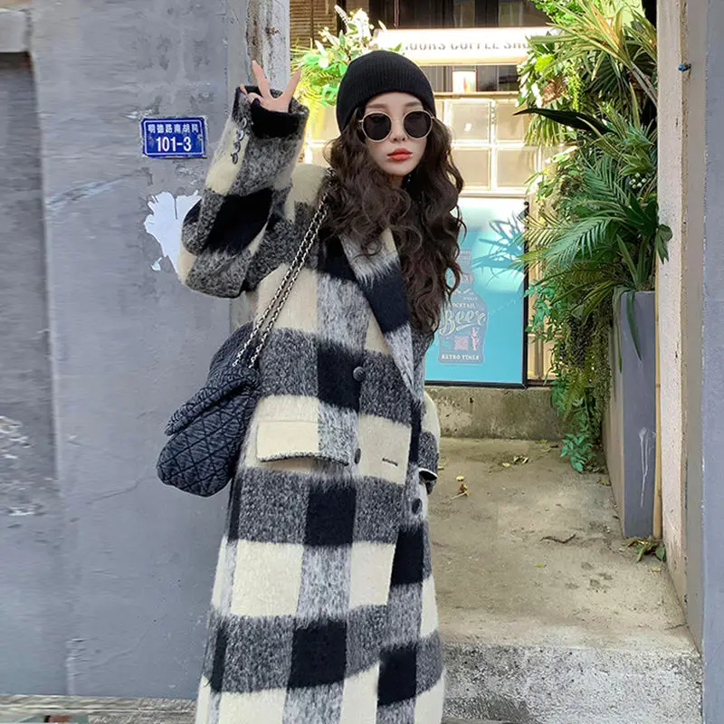 

Plaid Wool Coat Women Mid-Length 2025 Fall Winter New Korean Style Luxury Thick Tweed Overcoat