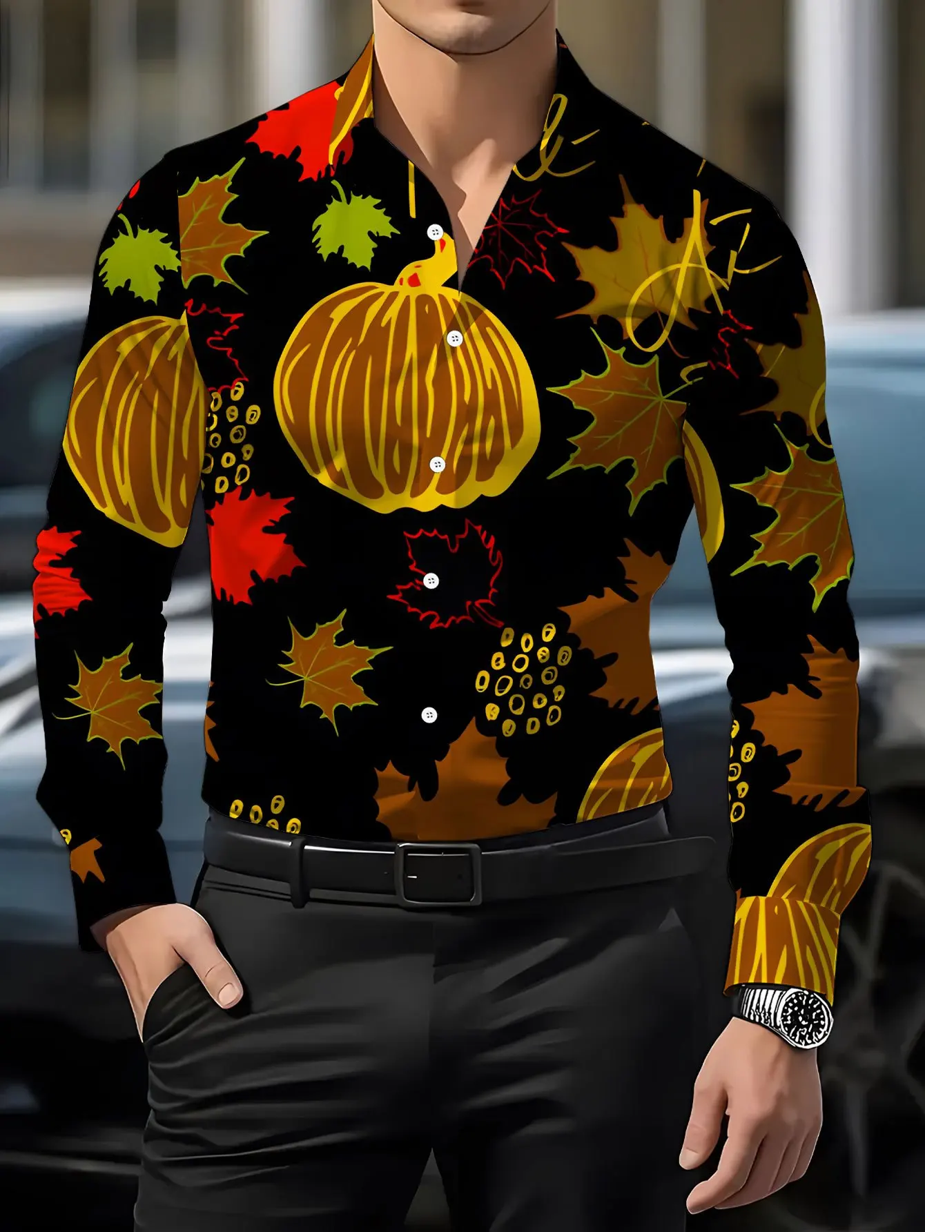 Men Long Sleeve Shirt Autumn Pumpkin Maple Leaf Print Fall Fashion Casual Holiday Party Daily Wear Button Down Top Mens Clothing