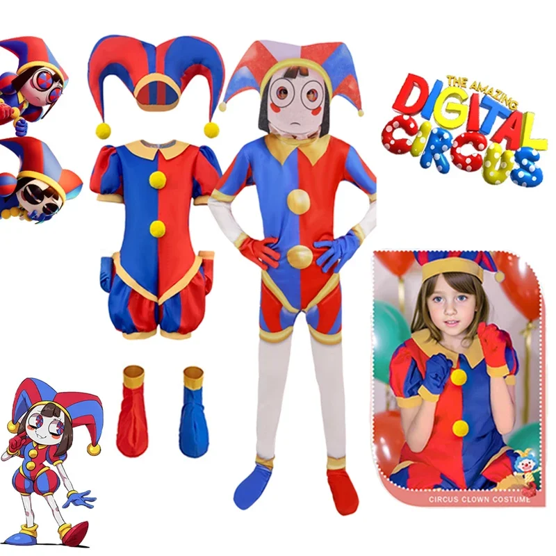 The Amazing Digital Circus Cosplay Clothing 5pcs Set with Hat Pomni Halloween Outfit Jump suit Clown Set