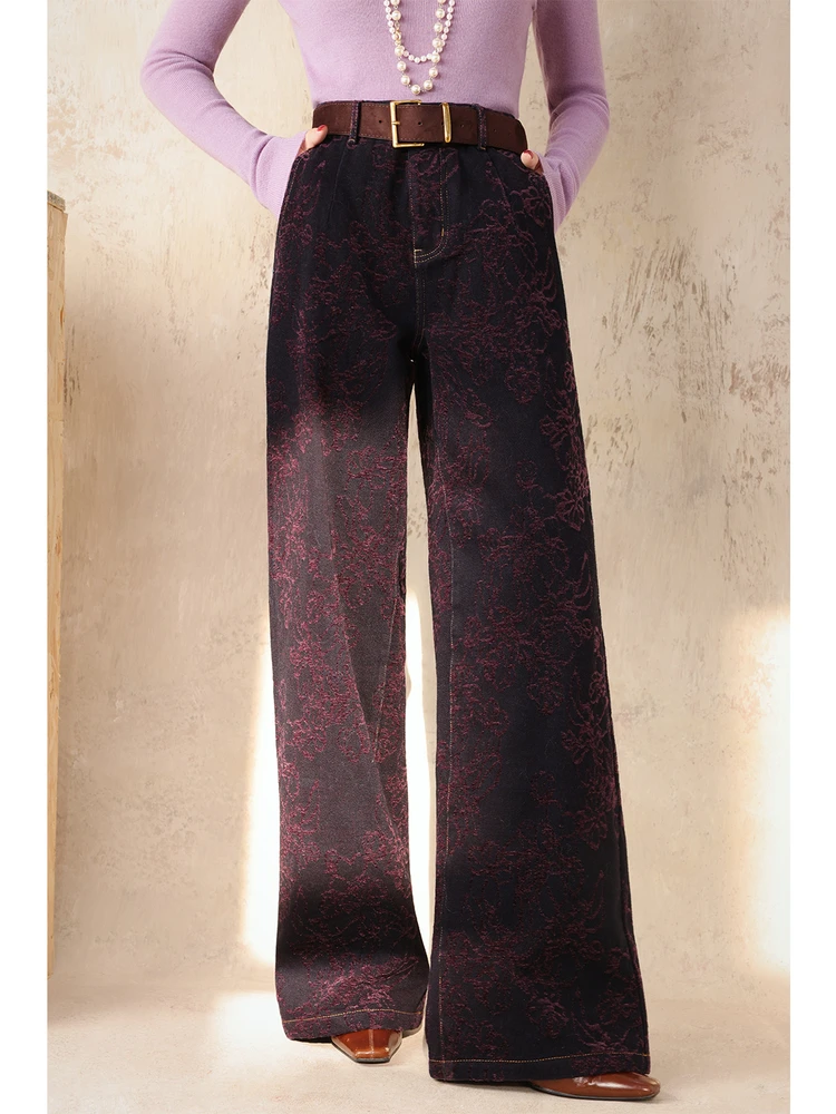 

Джинсы Ele с высокой талией, вышивкой и замшевыми вставками, с поясом из искусственной замши, для женщин, свободный крой, полиэстер