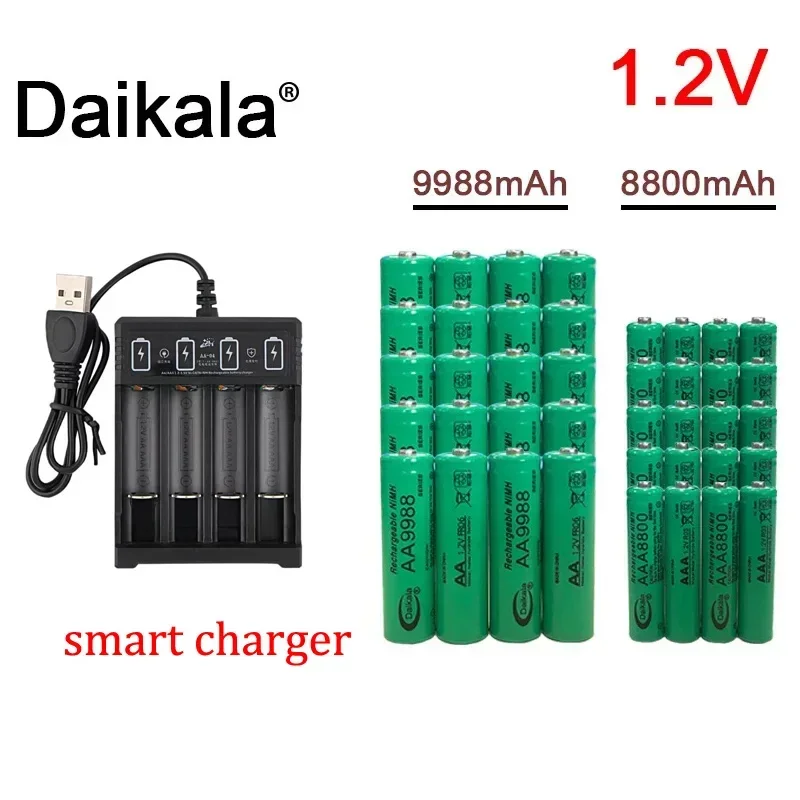 Pilas recargables AA + AAA NI MH de 1,2 V, pilas alcalinas AAA de 9988-8800mah para linternas, juguetes, relojes, reproductores de MP3 y cargadores