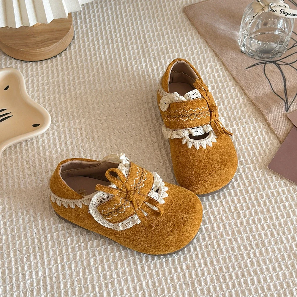 Girls Mary Jane Flats, Toddler Kids Spring Autumn Retro Suede Shoes, Lace Ruffle Bow Hook and Loop Non-Slip Flat Shoes, Pink