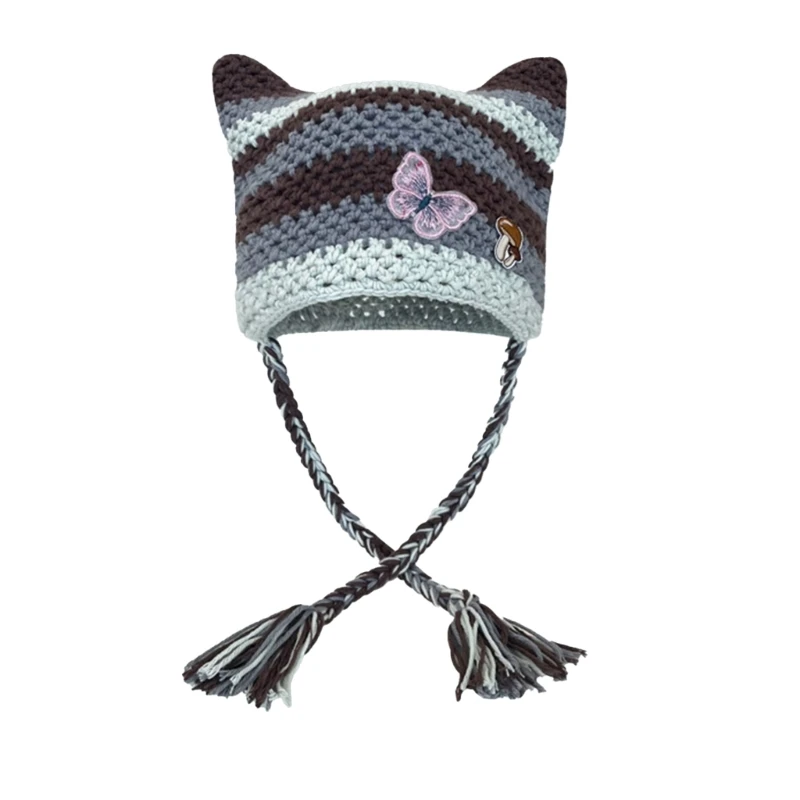 

Cats Ear Hat for Women Harajuku Stripe Skull Hat Handmade Crochet Hat Girl Autumn Spring Pullover Hat Headwear