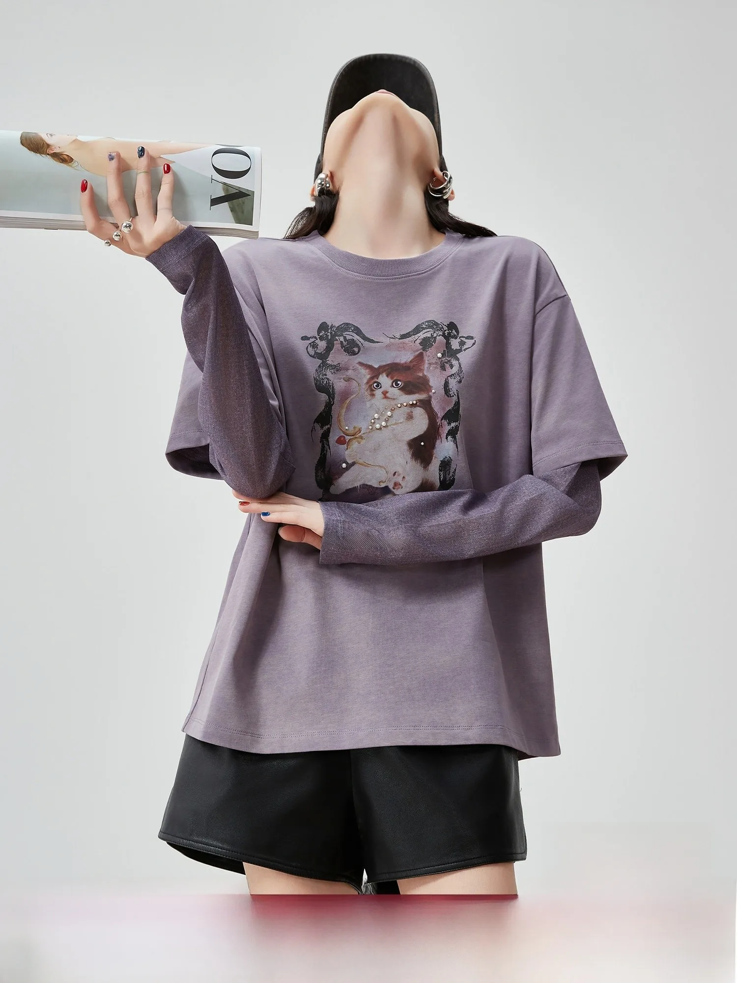 

Loose round Ne Long Sve T-irt Women's Summer New Design Purple Print Casual Sle Polyester Fabric Creative Pattern