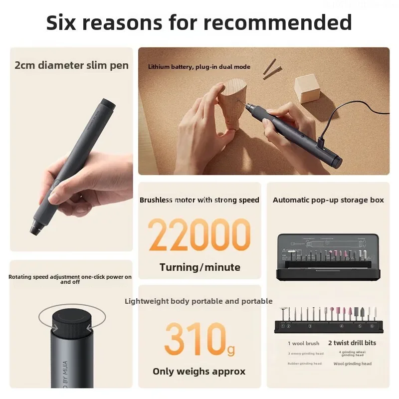 Xiaomi Mijia Electric Grinding Pen 22000r/min Brushless Motor Fast Carving Polishing Burnishing Drilling Mini Grinder Home Tool image 6