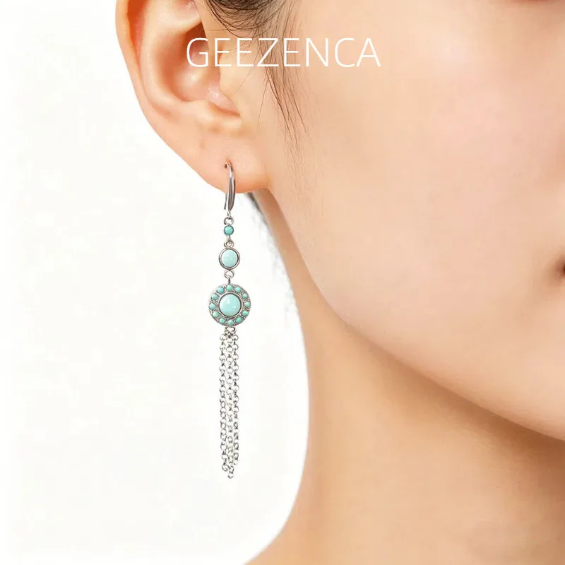 GEEZENCA 925 Sterling Silver Turquoise Tri Chain Long Charm Dangle Drop Earrings Women Simple Trendy Statement Earring Her Gift