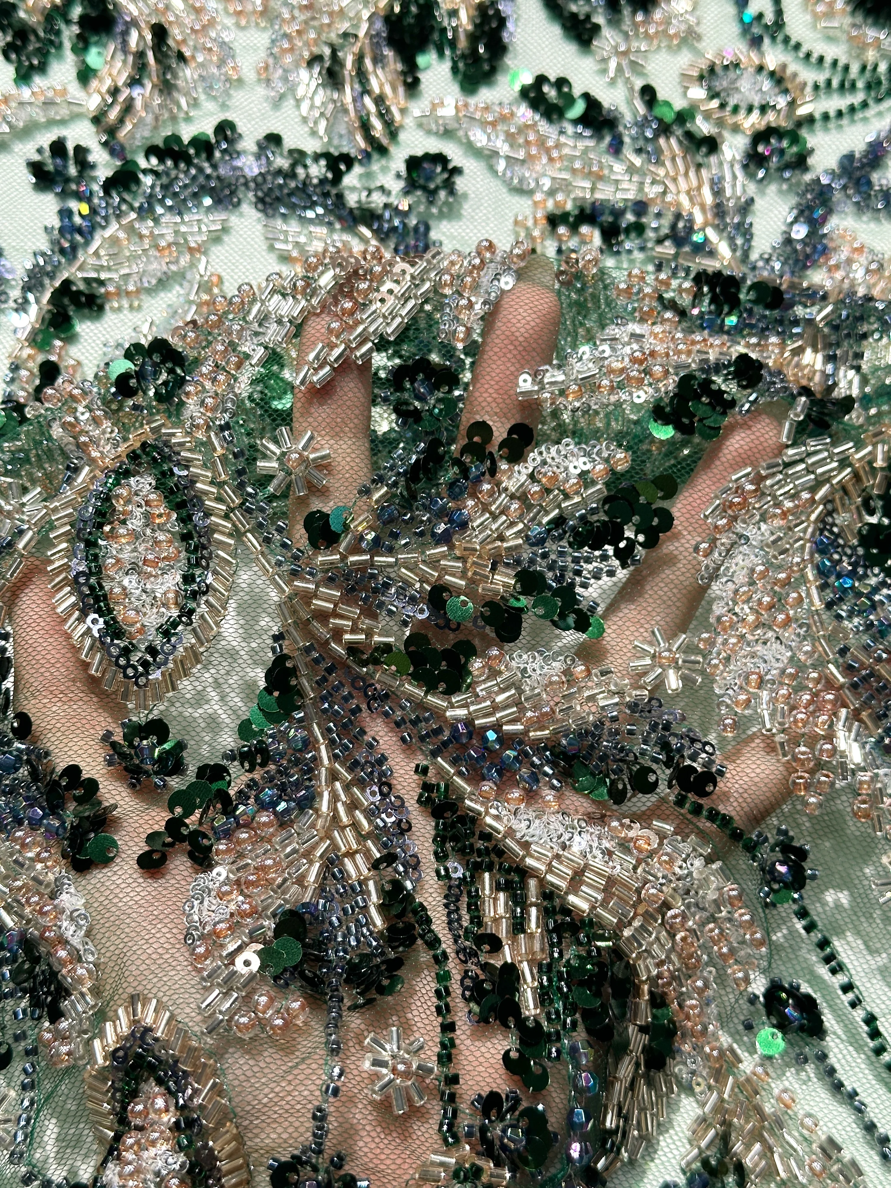 Green African Sequins Lace Fabric for Women French Embroidery Sequin Beads Evening Dress Latest Style