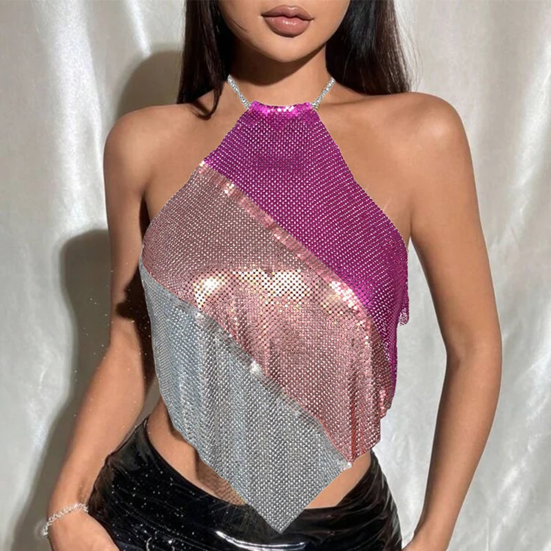 

Women Sexy Metal Sequined Tank Camis Summer Backless Glitter Beach Club Show Wear Tank Top Nightclub Party Chain Top