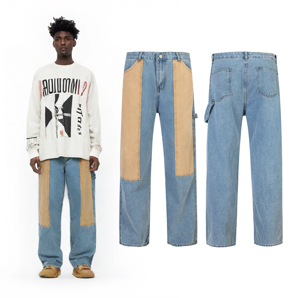 

New Streetwear Patchwork Loose Straight Jeans Baggy Pants Hip Hop Street Style Brand Clothing Men Casual Retro Straight Trousers