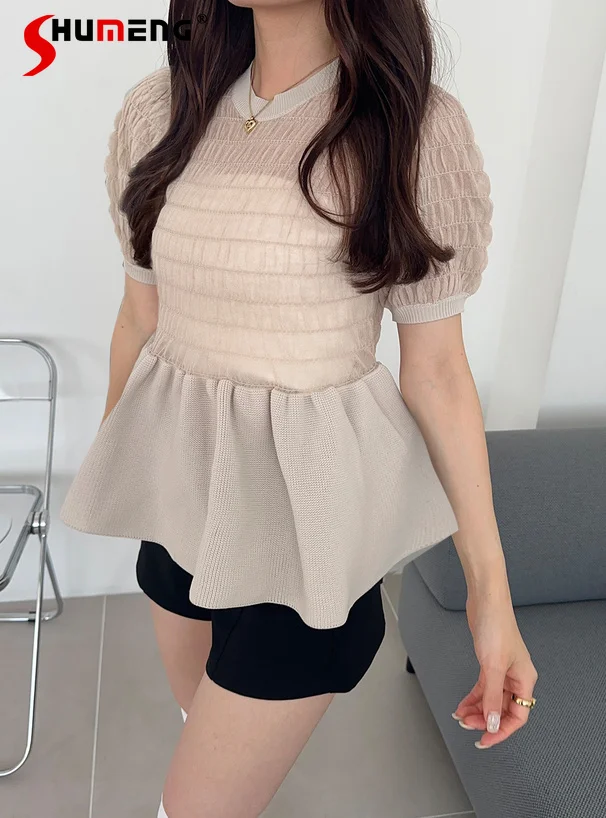 

Japanese Sweet Elegant Round Neck Puff Sleeve Knitted Patchwork Slim A-line Temperament Versatile T-shirt Top Women Summer 2025