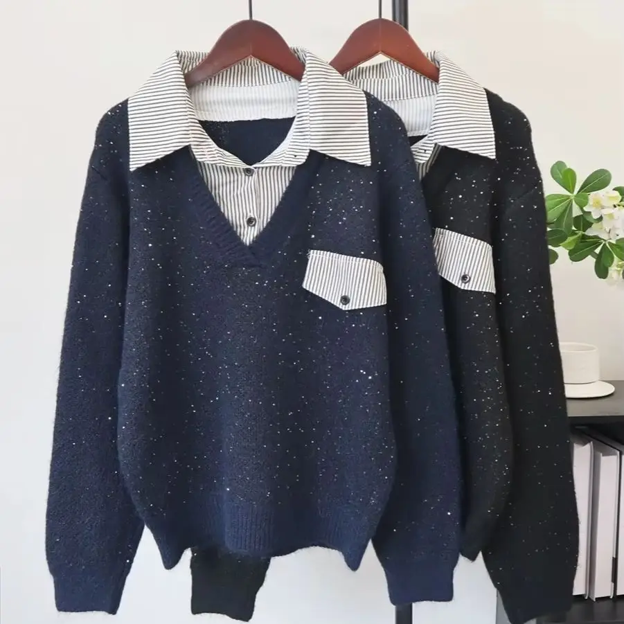 2026 AutumnWinter new sequined patchwork shirt sweater pullover loose knit sweater fake 2-pcs top for women