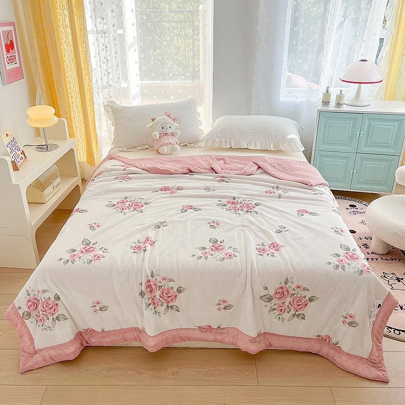 

Pink Rose Smooth Air Condition Comforter Lightweight Floral Summer Quilt with Ice Silk Cooling Comforters Four Seasons Universal