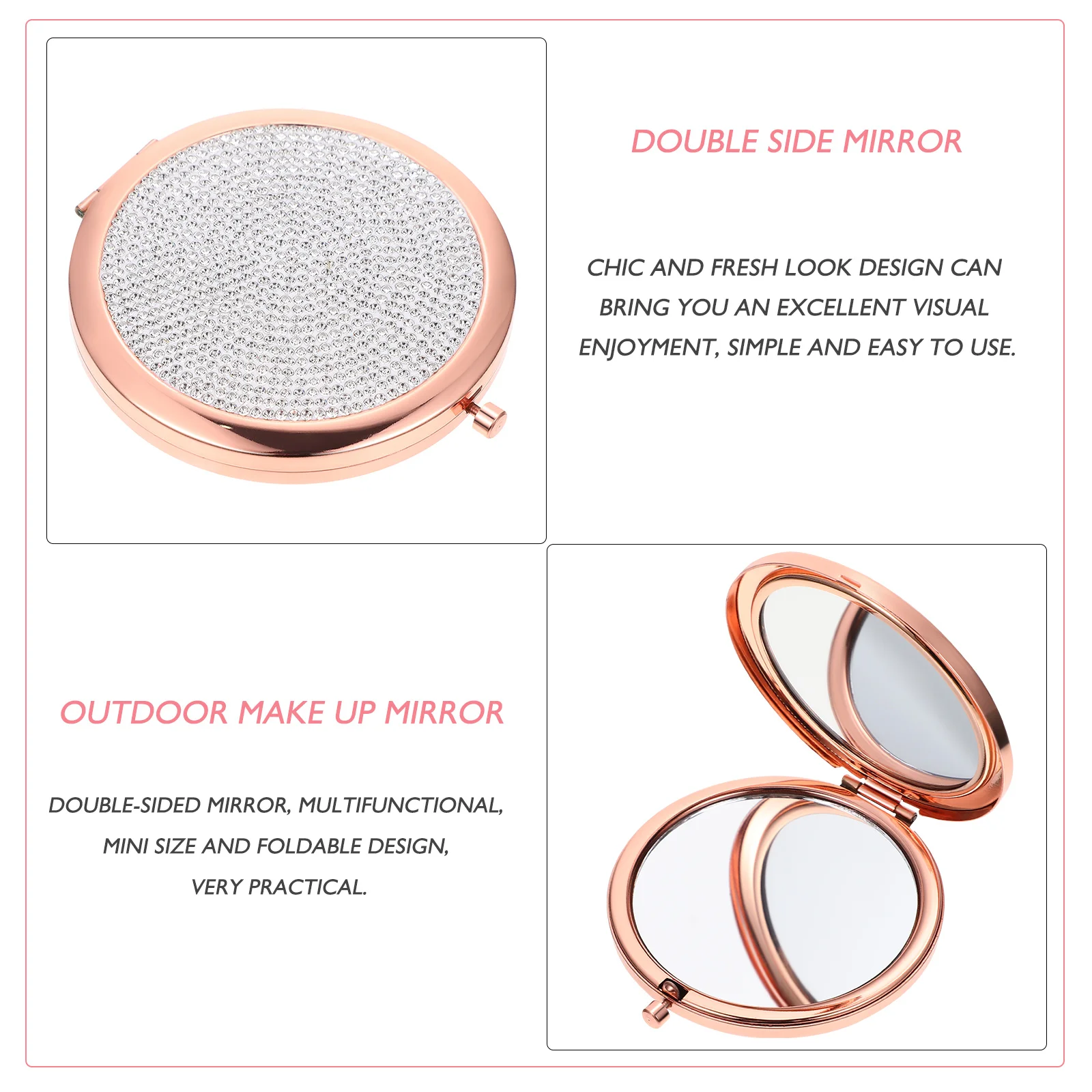 

Double Side Pocket Mirror Rhinestone Compact Foldable Portable Metal Outdoor Make Up Mirror Travel Purse Handy Gift