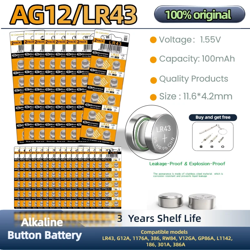 

Original LR43 AG12 100mAh Cell Coin Watches Battery L1142F 386 SR721SW 1.55V Alkaline Button Batteries Suitable For Watch Cell