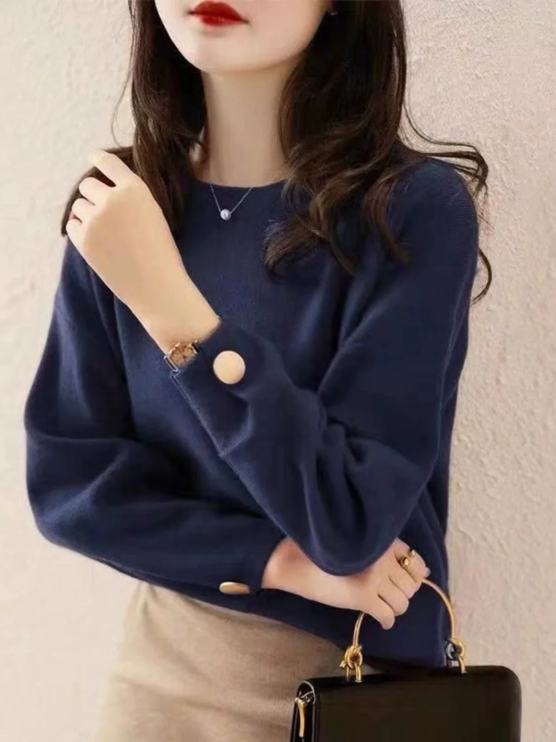 

Luy Year Dragon New Year Red Loose Knitted Base irt Inner Wear Long Sve round Ne Commute Sle Women's Faion