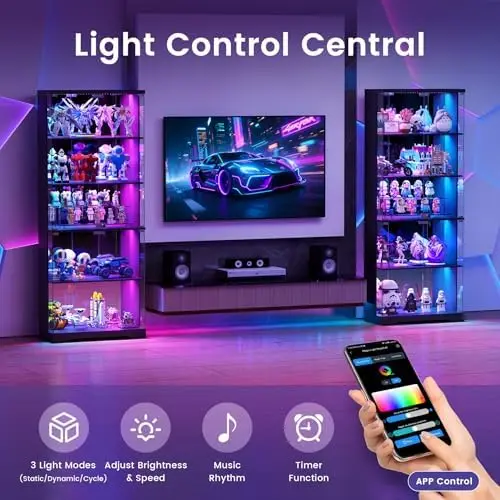 Glass Display Cabinet with Doors and RGB LED Lights | 69" Tall Curio Cabinet, 5-Tier Wooden Shelves, Lockable Display view 3