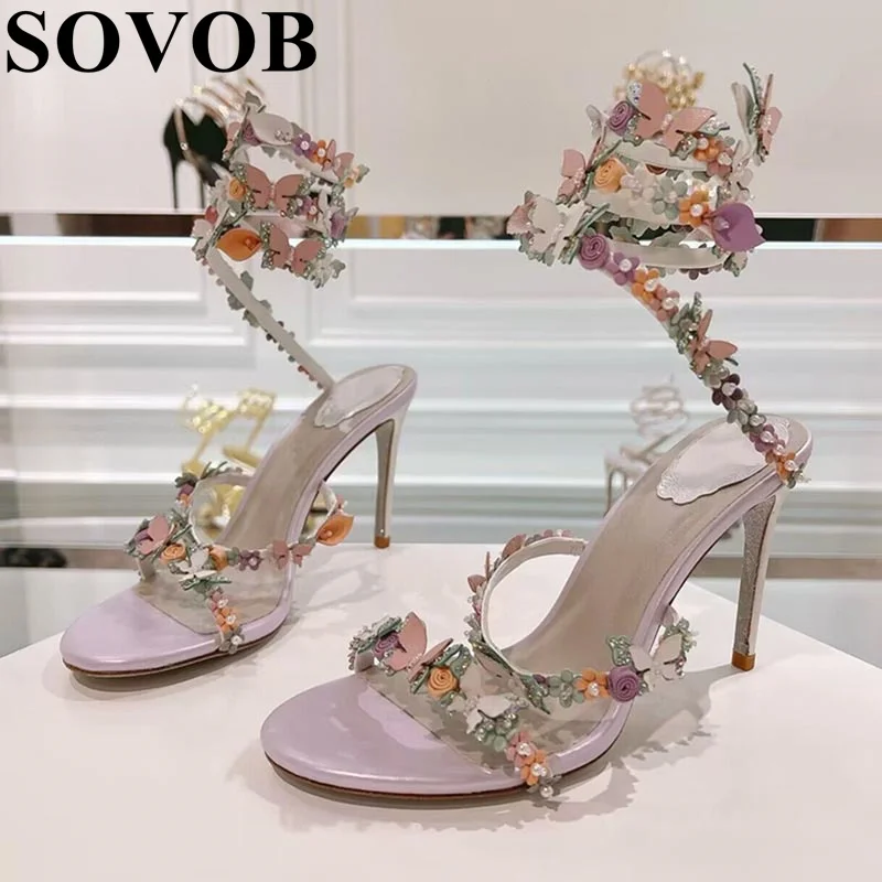 Summer Flower Design Narrow Band Hollow Out Sandals Women's Free Adjustment Ankle Strap Sandalias Party Banquet Dress Shoes 2024