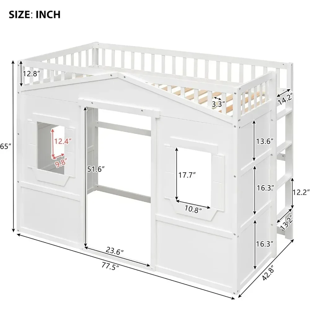 Marcos de cama doble Casa Loft Cama doble para niños Playhouse Cama, Estructura de cama tipo loft de madera maciza con ventana y escalera, para niñas y niños