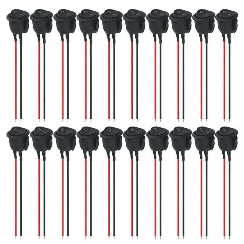 SPST 2Pin 12V Round Rocker Toggle Switches 20Pcs With Wire For Boat, Car 6A/250V AC Pre-Wired