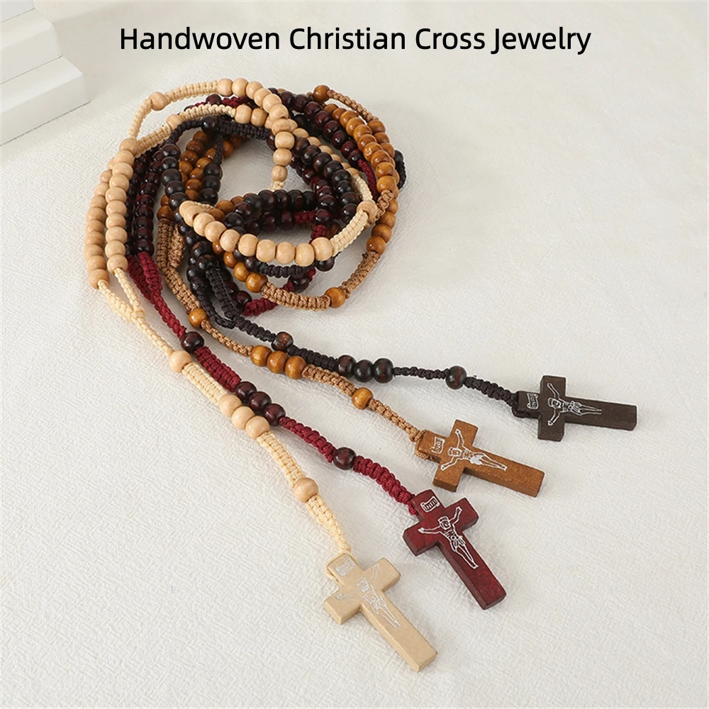 

Natural Wooden Bead Rosary Necklaces & Bracelets - Handwoven Cross Jewelry, Christian Decorations, Cross Jewelry
