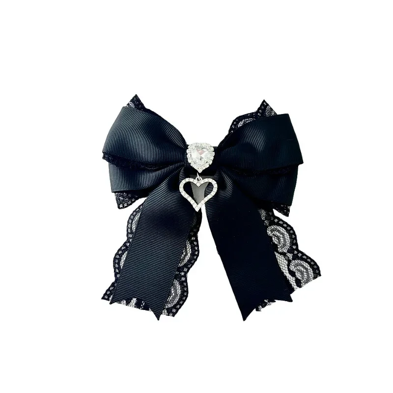 Korean Women\'s Lace Bow Tie Brooch Heart Shape Rhinestone Pendant Lolita Suit Skirt Accessories Pin Clips Handmade Jewelry Gift