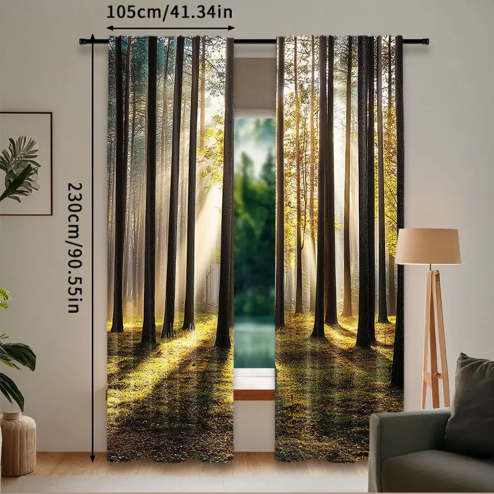 2Pcs Forest Curtains Landscape Sunrise In The Forest Leaves In Seasonal Woodland Scenery Photo For Bedroom Bathroom Living Room