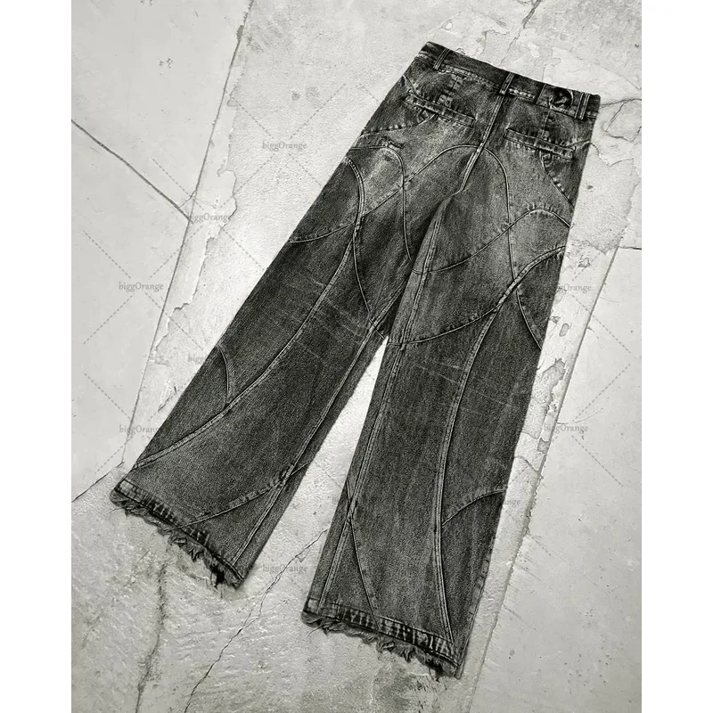 Cos Y2K Destroyed Stitching Men's Black Washed Jeans Gothic Style Street Trend Clothing Retro Loose Wide Leg Pants Fall Gu