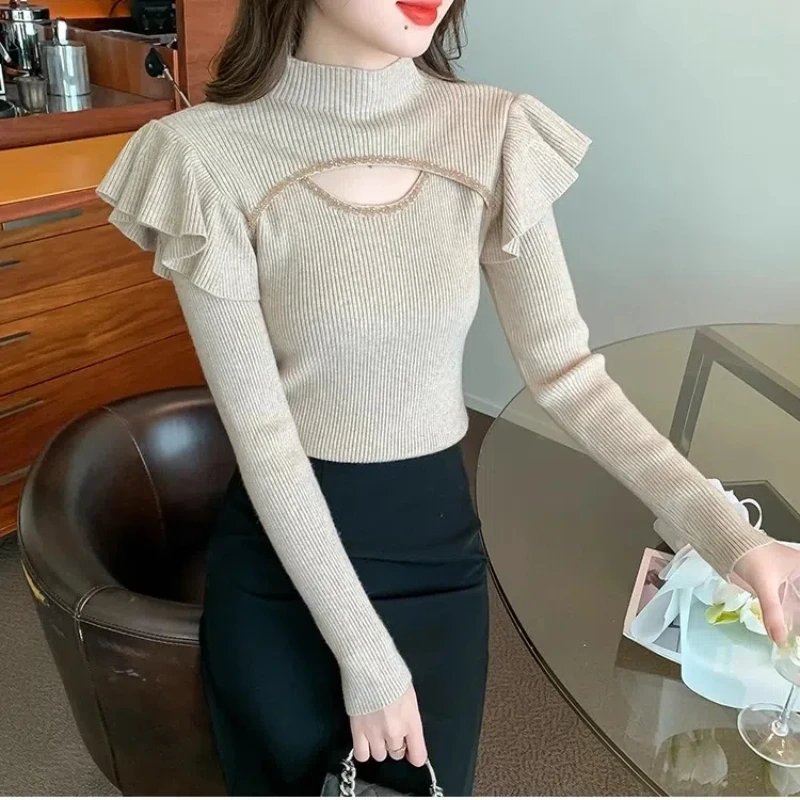 Korean Autumn/Winter Women\'s Sweaters Solid Mock Neck Ruffles Embroidered Flares Hollow Out Long Sleeve Pullovers Knitted Top