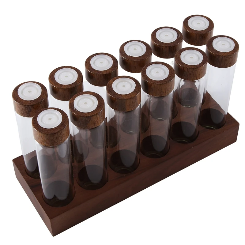 12PCS Coffee Bean Storage Tubes Coffee Bean Cellar Wooden Display Stand And Funnel Espresso Accessories