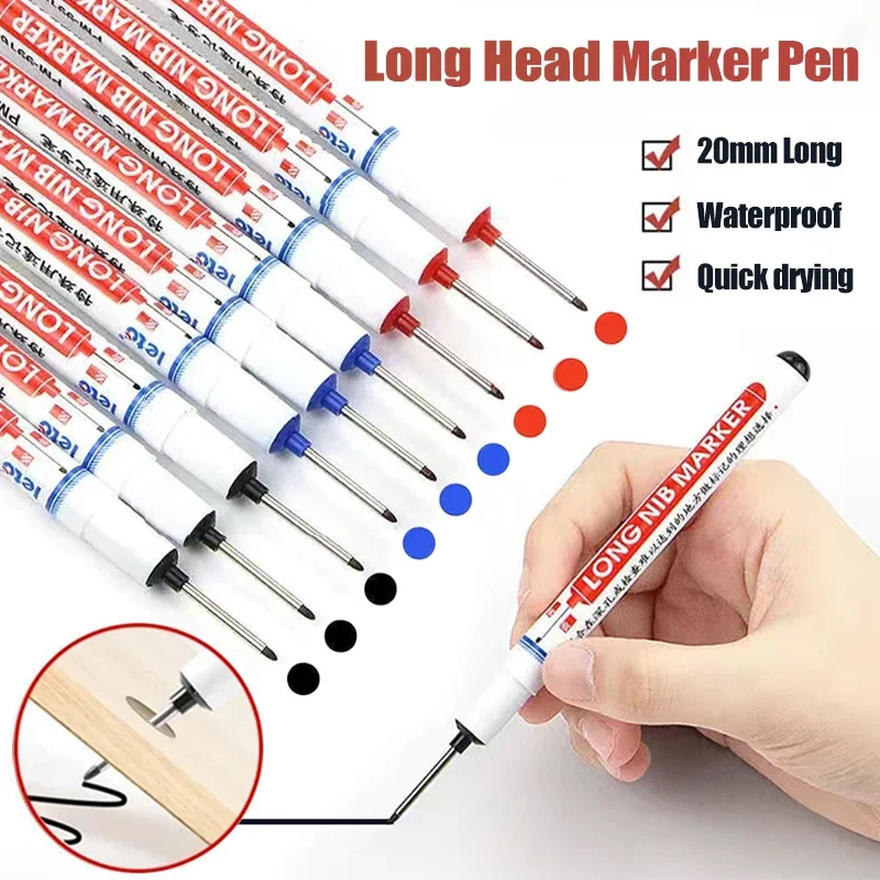 1/3Pcs 20mm Long Head Marker Multipurpose Deep Hole Marker Pen Waterproof Quick Dry Pen Woodworking Decor Red/ Black/ Blue Ink