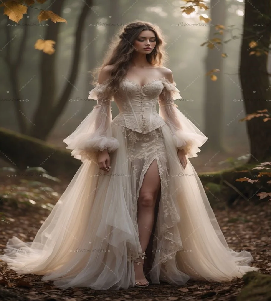 Fantasy Fairycore Woodland Wedding Dress With Slit Forest Elven Boho Bridal Dress With Slit Bell Sleeve Tulle Celtic Bohemian