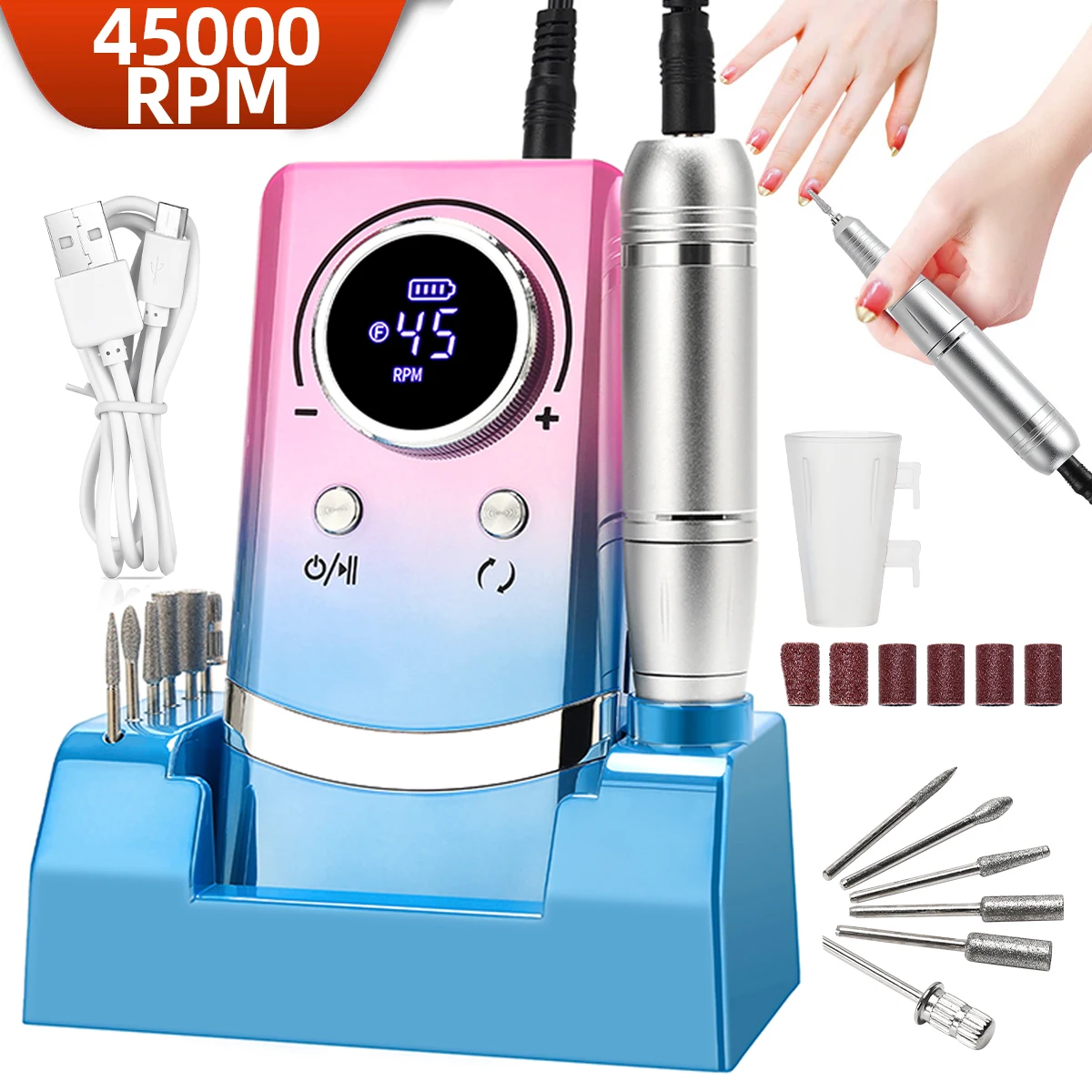 Professional 45000RPM Electric Portable Nail Drill Machine With Base Rechargeable Low Noise Nail Sander File For Manicure Salon