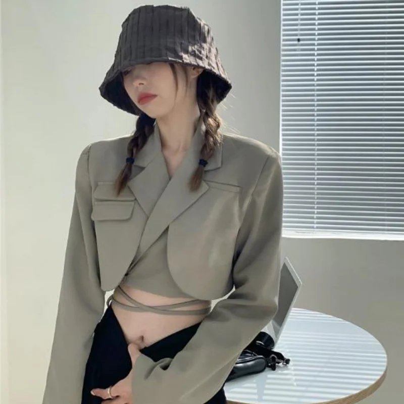 Blazers Women Spring Bandage Cropped Cool Girls Stylish All-match Fashion Temperament Popular Design Chic Retro Students Basic