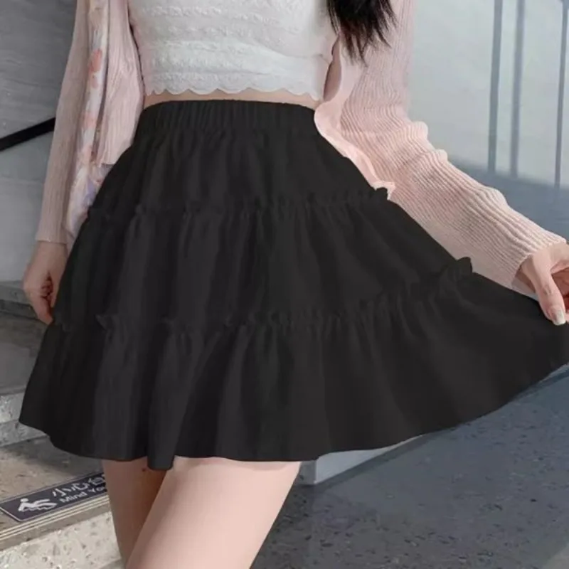 Skirts Women A-line Lovely Mini Design Korean Style Stylish All-match Elastic Waist Schoolgirls Casual Lady Solid Holiday Party