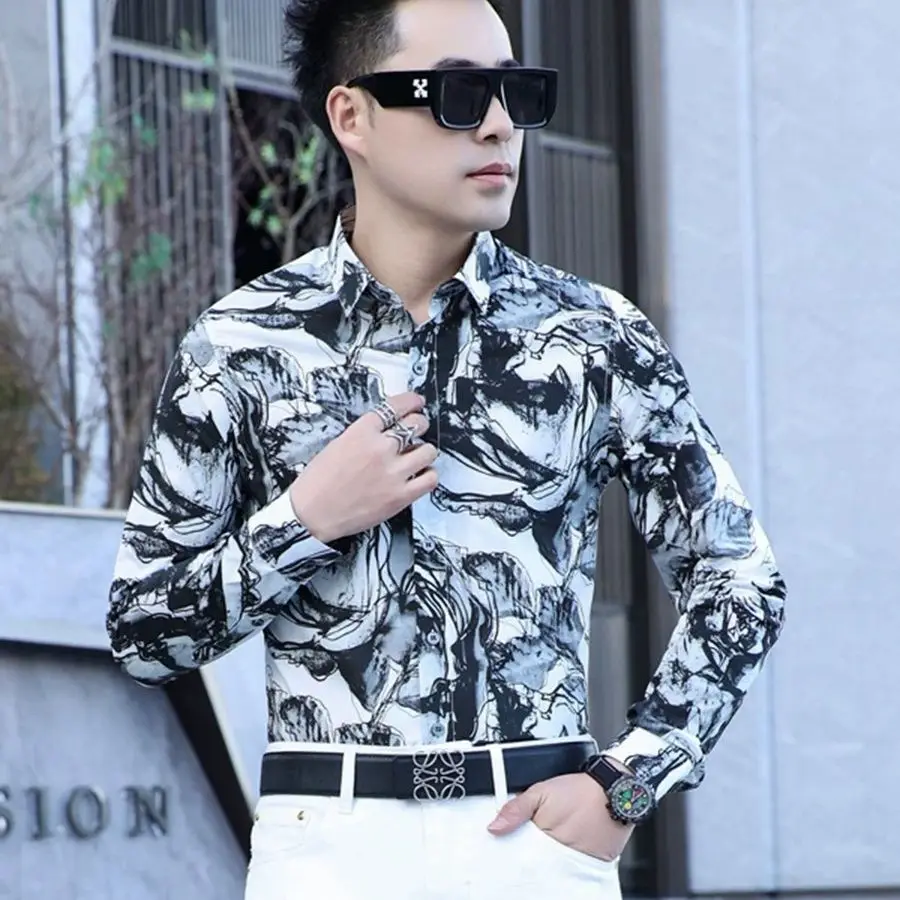 Printed Long-sleeved Korean-style Shirt Trendy and Personalized Shirt New Handsome Retro Fit Barber Men's