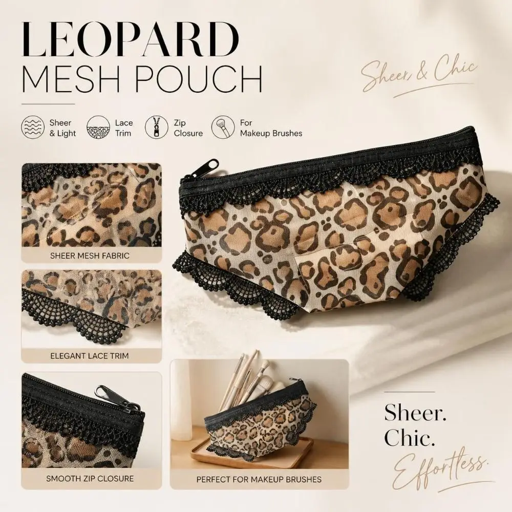 Leopard Print Panties Shaped Makeup Pouch Lace Trimmed Portable Mesh Cosmetic Bag Lightweight Transparent Storage Pouch