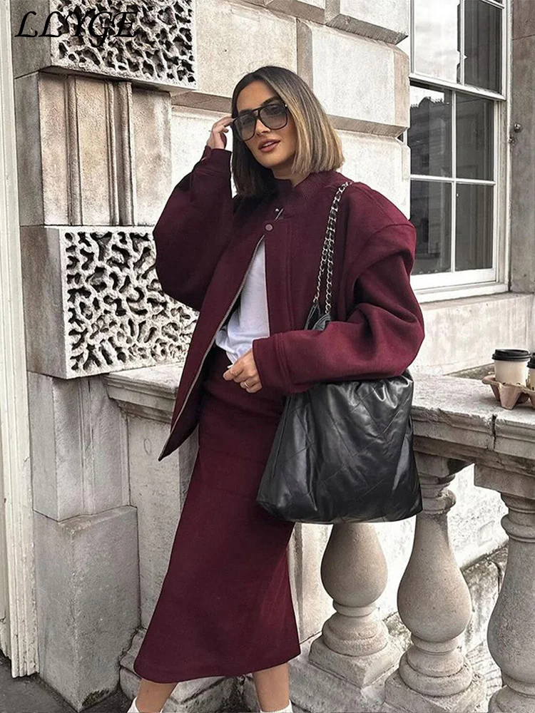 Giacca da vino rosso moda donna collo alto allentato manica lunga tasca con cerniera cappotti femminili 2024 autunno Lady elegante Street Outwear