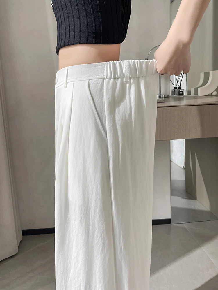 

Laid-ba Sle Ice Silk Cotton Linen Wide Leg Pants Women Summer New Faion Elastic Waist Casual Trousers Drapey Loose Fit