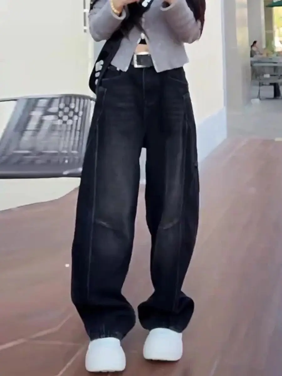 

Джинсы Y2K черные широкие, свободного кроя, для фигуры типа «груша», с изогнутым кроем, весенние